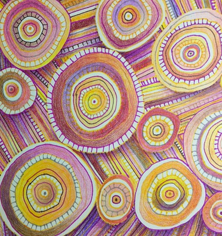 Abstract ink drawing of circles and lines, non-objective, in pinks, reds and yellows. 