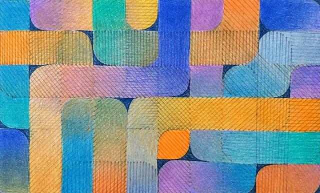 Color study drawing of colored pencil "pipes" superimposed over ink lines organized within a grid framework