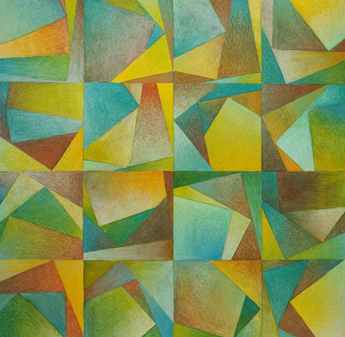 Abstract drawing within a grid structure, with L-shaped forms in each square. All areas are shaded with at least 4 colors in each section, with the predominant colors being greens, and yellows and browns. 