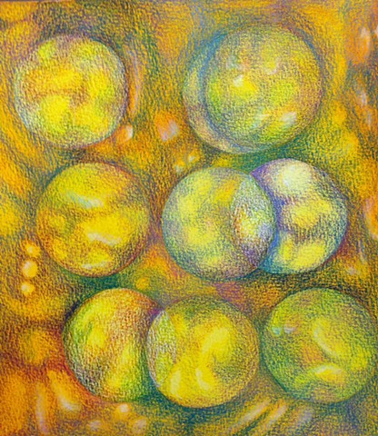 Abstract non-objective drawing with three rows of circles, yellows, with blue, magenta & aqua. 