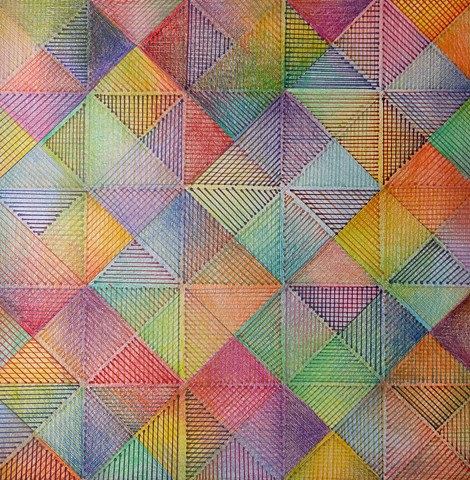 Diagonal Grid with Linear Fill with Superimposed Colored Pencil Shading in Predominantly Primary and Secondary Colors