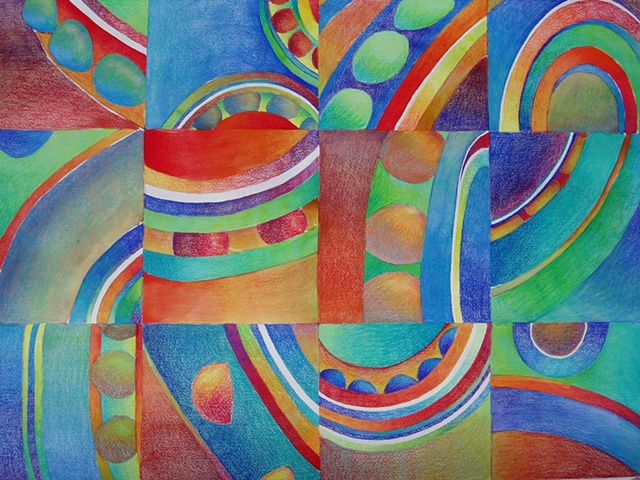 Prismacolor abstract drawing featuring circular and curved shapes and lines, on Arches paper treated with a watercolor wash.