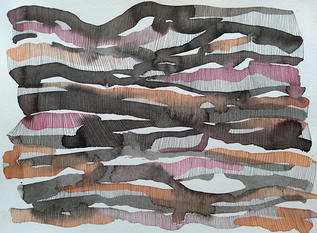  An abstract painting of red, orange, brown and black watercolor lines, connected by close set black ink lines
