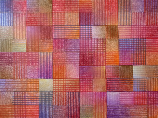 Grid based abstract non-representational design using cross-hatching and color gradation.  Violets, Reds & Oranges