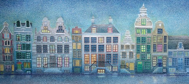 Stylized colored pencil rendering of buildings in Amsterdam.  Predominant colors are browns, grays and blues.