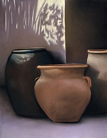 Still life, pottery. shadows, realism  Pastel still life of pottery in violets and browns on colored Canson paper.