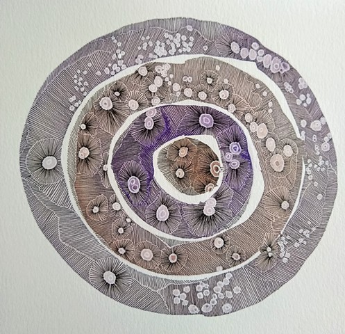 Watercolor fields of brown and violet arranged in four concentric circles.  Black and white inks are superimposed to create texture.