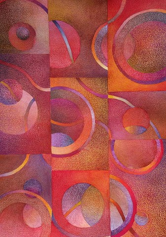 Abstract mixed media drawing featuring  circles and lines arranged in a grid. Predominantly reds, oranges, browns and violets  