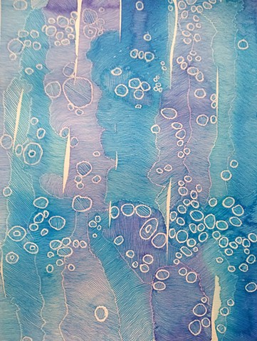 Abstract art painting and drawing.  Texture created by close set ink lines on blue and violet watercolor fields.