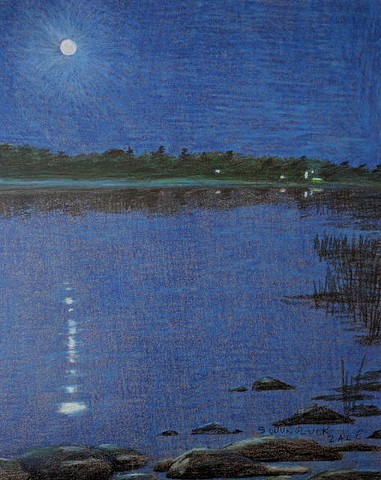 Wisconsin Lake at Night  Lake scene in Wisconsin, with moon reflection.  Primarily blues..