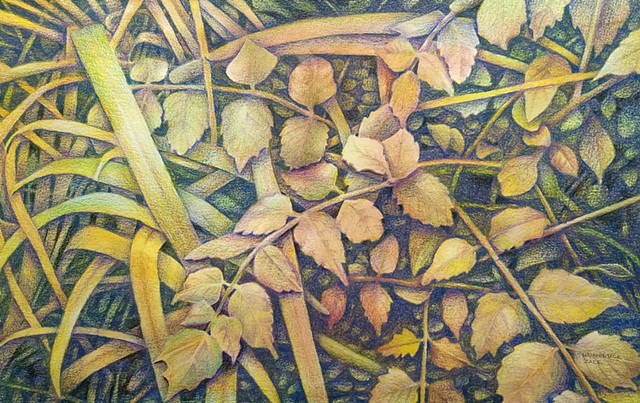 Dense foliage , many leaves and grasses in browns, greens and yellows.