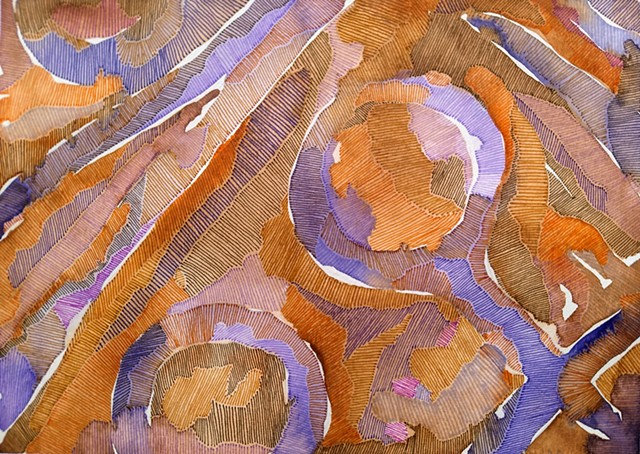 An abstract watercolor painting utilizing lines and circles, with color fields marked by close set ink lines.  Predominant colors: orange, brown and violet.