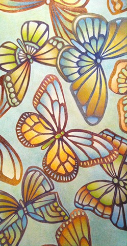 Abstracted butterflies drawn on a light green background