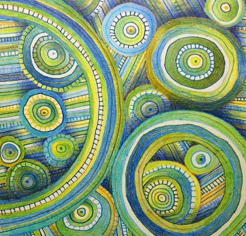 Abstract ink drawing of circles and lines, non-objective, in blues and greens