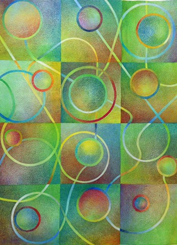 Abstract grid featuring circles and lines, with a variety of colors, but green predominating. 