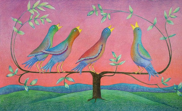 Fantasy depiction of birds in morning song