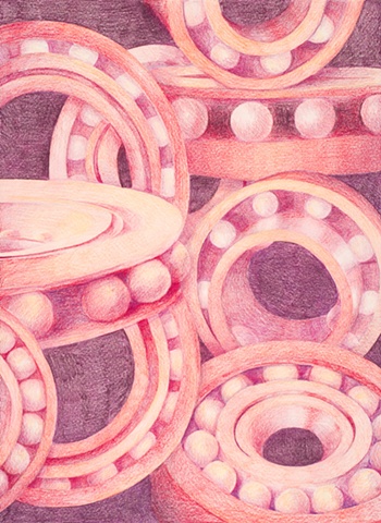 Abstract design featuring circles and curves.  Prismacolor on natural Arches paper.