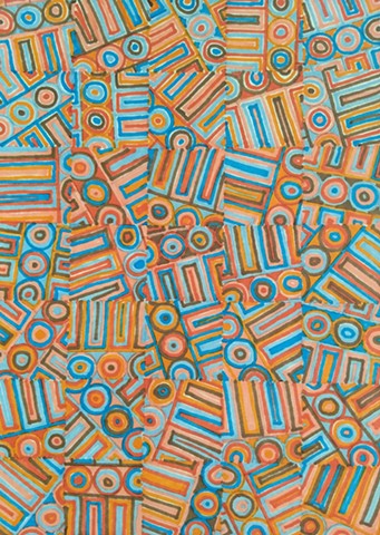 Abstract drawing of brown, orange and blue, with repeating design elements placed within a grid framework.  