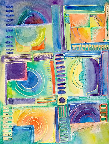 Grid-like crayon resist drawing with watercolor washes