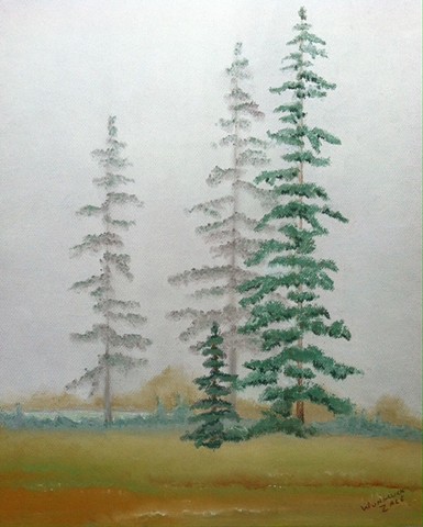 Hazy landscape with pine trees. Muted greens, browns, grays and blues. 