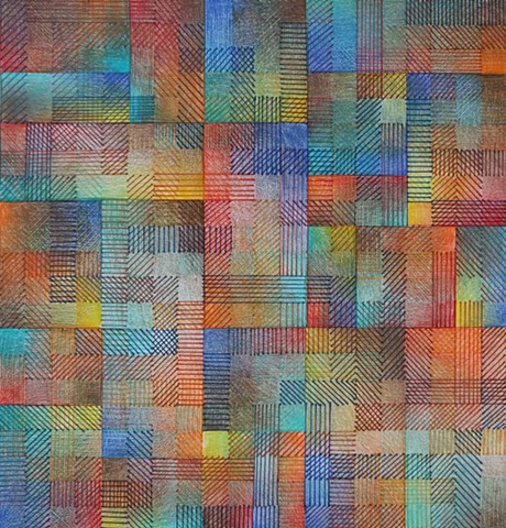 Grid based abstract non-representational design using cross-hatching and color gradation.  Reds, Blues, Browns & Oranges