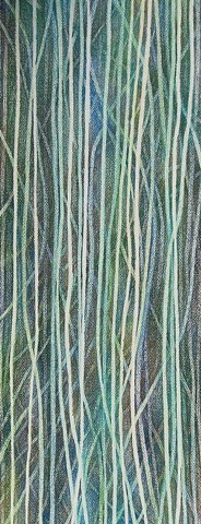 Abstract, blues, Greens, lines  Prismacolor drawing of layered undulating lines in blues and greens on natural Arches paper