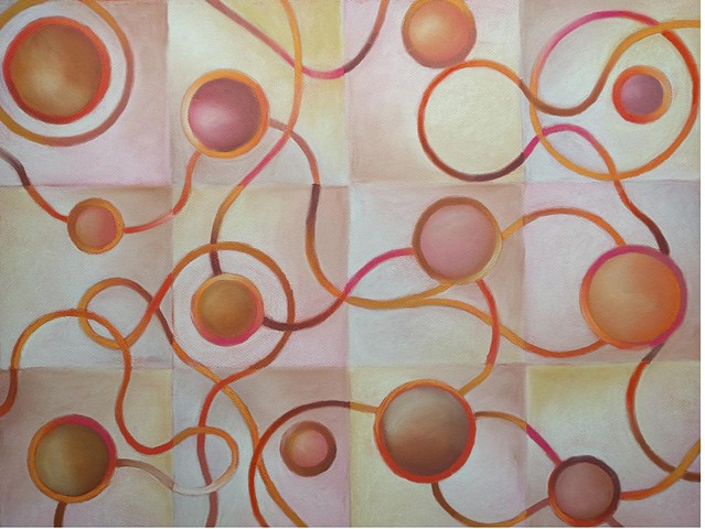 A non-representational geometric abstract drawing  featuring circles and curved lines placed on a grid  Predominant colors are browns, oranges, ocher and cream.