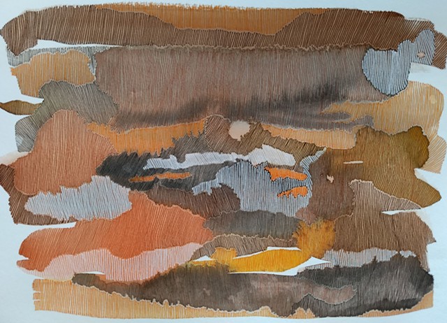 Brown and orange watercolor areas marked and textured by close set brown, orange, black  and white ink lines