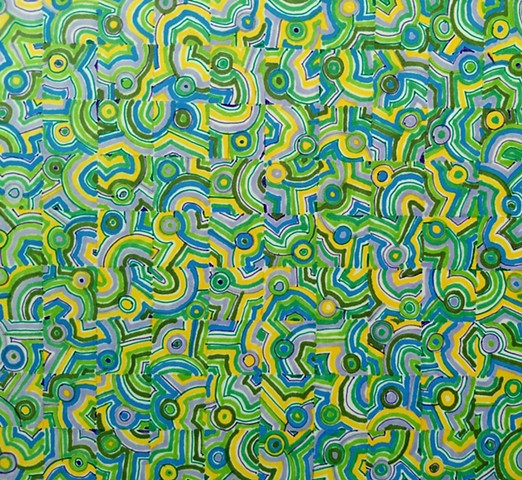 Abstract drawing of yellow, green, and blue, with repeating design elements placed within a grid framework.  