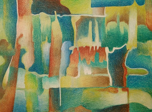 Abstract Colored Pencil drawing primarily in greens, blues and reds. 