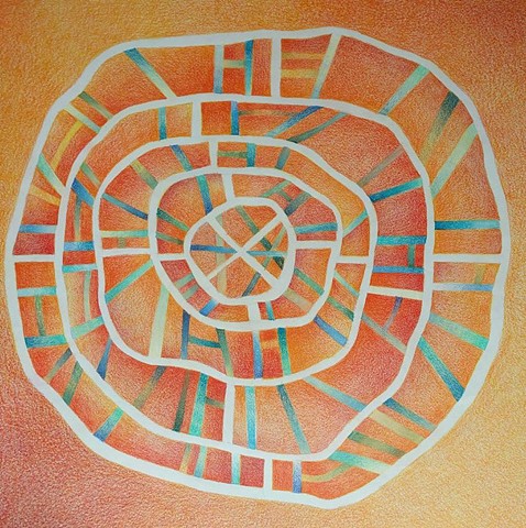 Concentric circular forms with various radiating lines  Predominant colors are oranges and reds, with green and blue accents.