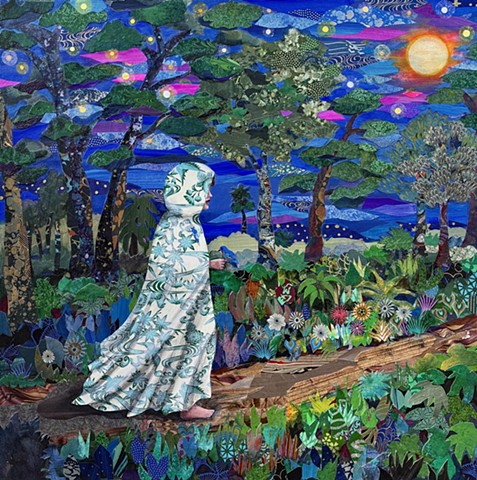 collage, painting, figurative painting, sunset painting, garden painting, nature painting, colorful art, representational art, cut paper, contemporary art, fine art