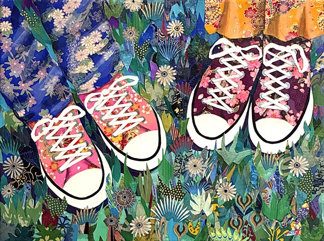 collage, painting, figurative painting, sneakers painting, garden painting, nature painting, colorful art, representational art, cut paper, contemporary art, fine art