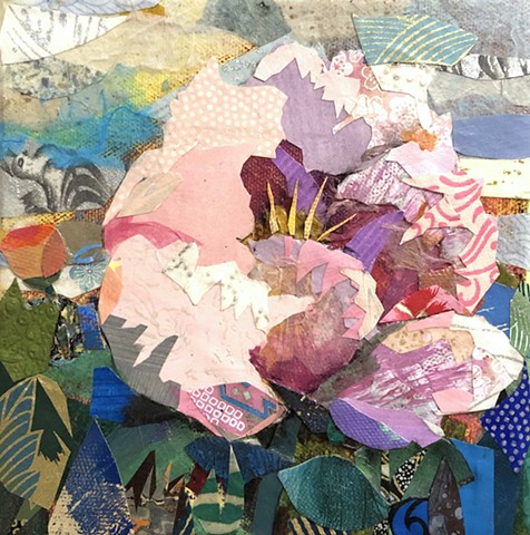 collage, painting, flower painting, representational art, cut paper, contemporary art, fine art