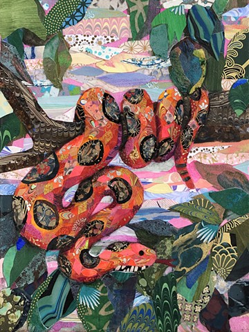 collage, painting, snake, snake painting, green painting, orange painting, animal art, representational art, cut paper, contemporary art, fine art