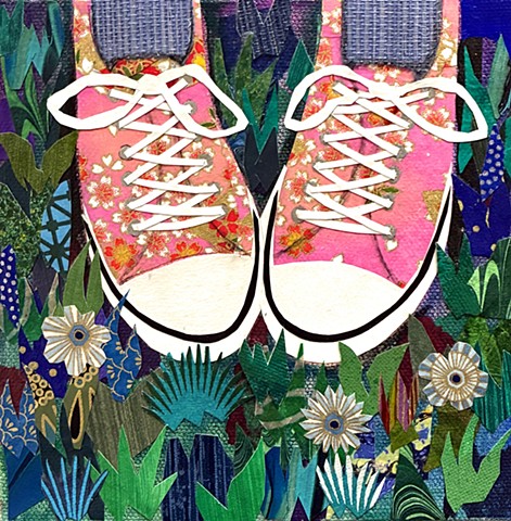 collage, painting, sneaker painting, representational art, cut paper, contemporary art, fine art, sneaker art