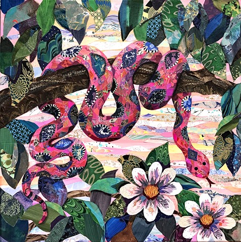 collage, painting, snake art, snake painting, fun painting, Flower painting, floral painting, garden painting, nature painting, colorful art, representational art, cut paper, contemporary art, fine art