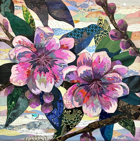 Flower painting, floral art, flower art, cherry blossoms, nature art, collage art, pink art