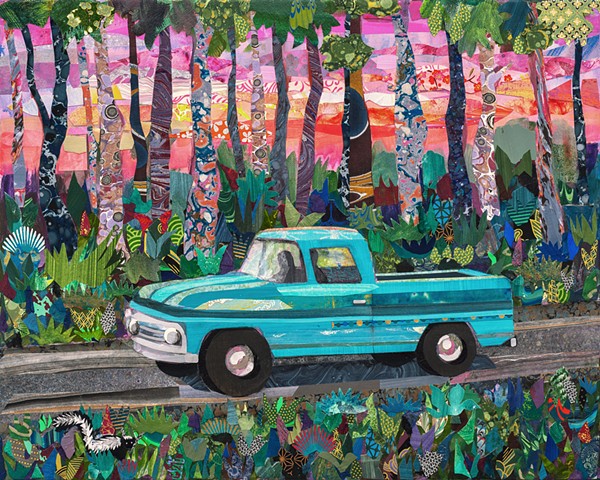 truck painting, mixed media painting, blue truck, painting, blue painting, fun painting, colorful painting, figurative painting