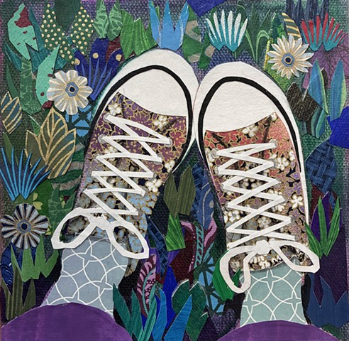collage, painting, sneaker painting, representational art, cut paper, contemporary art, fine art, sneaker art