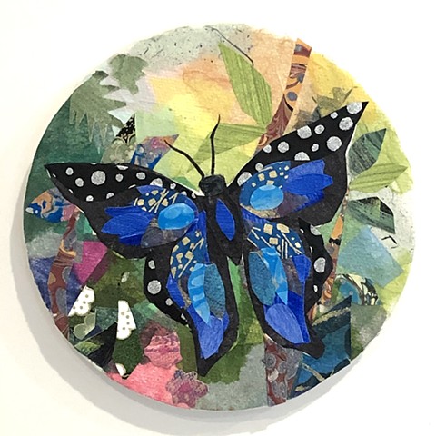collage, painting, butterfly, butterfly painting, blue painting, flower painting, bee art, representational art, cut paper, contemporary art, fine art