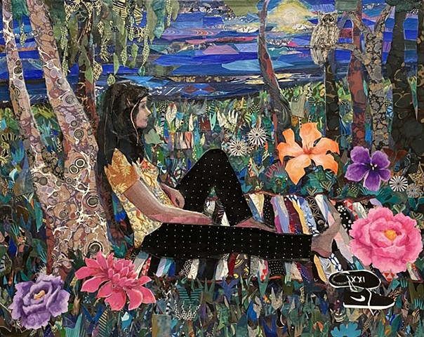 collage, painting, figurative painting, night painting, garden painting, nature painting, colorful art, representational art, cut paper, contemporary art, fine art