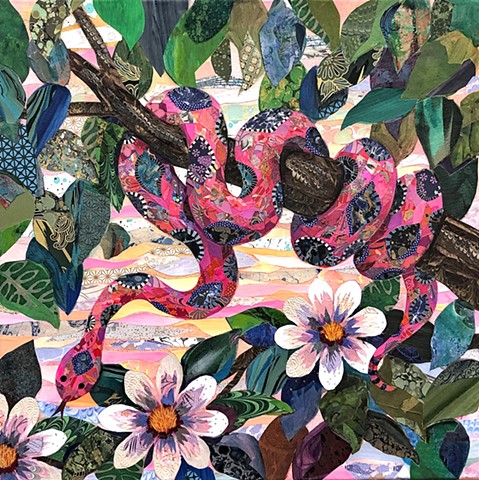 collage, painting, snake art, snake painting, fun painting, Flower painting, floral painting, garden painting, nature painting, colorful art, representational art, cut paper, contemporary art, fine art