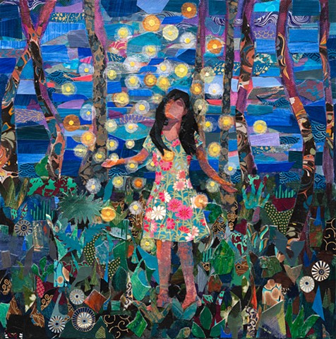 girls, women painting, figurative painting, fun painting, collage, fireflies, blue painting