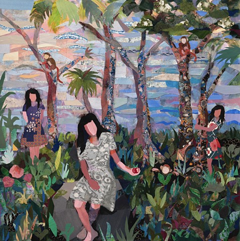 girls, apple, figurative painting, girl, collage, monkeys, forest, flowers, trees, acrylic painting, fine art, contemporary art