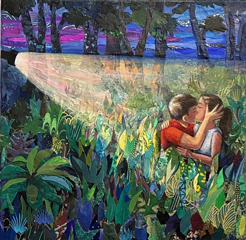 collage, painting, figurative painting, sunset painting, garden painting, nature painting, colorful art, representational art, cut paper, contemporary art, fine art