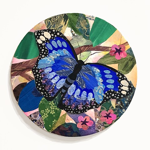 collage, painting, Flower painting, floral painting, garden painting, nature painting, colorful art, representational art, cut paper, contemporary art, fine art, butterfly painting, butterfly art