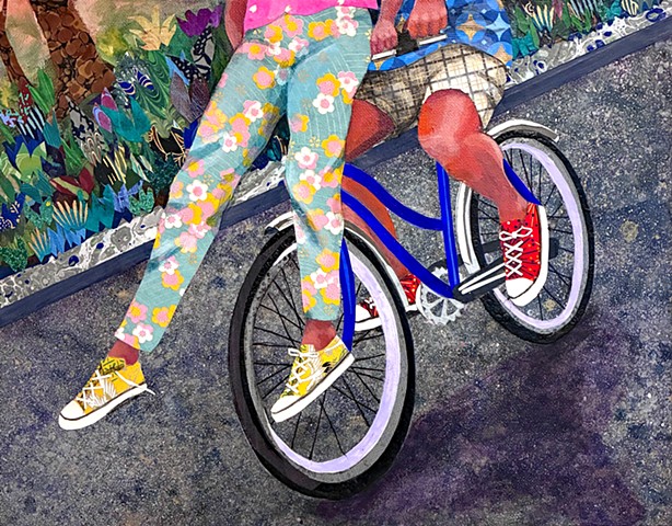 collage, painting, figurative painting,bike painting, fun painting, nature painting, colorful art, representational art, cut paper, contemporary art, fine art