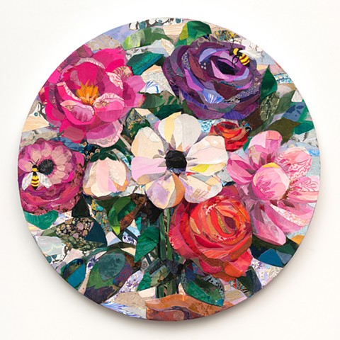 Collage, painting, collage flowers, flower painting, round painting, colorful painting, contemporary art, fine art, floral Art