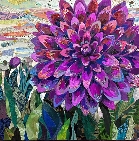 collage, painting, flower painting, representational art, cut paper, contemporary art, fine art